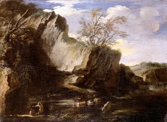 Rotsachtig landschap met herders en vee