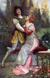 Literatuur. Francesca da Rimini en Paolo Malatesta. Illustratie geïnspireerd door S. Postiglione in: De Goddelijke Komedie, door Dante Alighieri, Tsjechië, c.1910 (ansichtkaart)