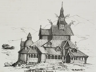 Borgund staafkerk, Noorwegen, lithografie door Salvatore Puglia uit Poliorama Pittoresco, nr. 40, 14 mei