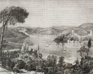 Bosphorus kastelen aan de kusten van Azië en Europa, Turkije, lithografie door Gaetano Riccio uit Poliorama Pittoresco, nr. 18, 9 december