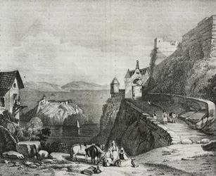 Kasteel van Parga, Albanië, lithografie door Salvatore Puglia uit Poliorama Pittoresco, nr. 9, 9 oktober