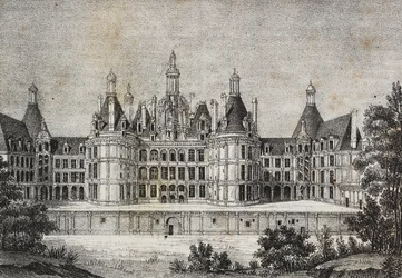 Kasteel Chambord, Frankrijk, lithografie door Salvatore Puglia uit Poliorama Pittoresco, nr. 39, 6 mei
