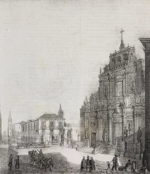 Voorgevel van de Basiliek van San Sebastiano in Acireale, Sicilië, Italië. Lithografie door Salvatore Puglia uit Poliorama Pittoresco