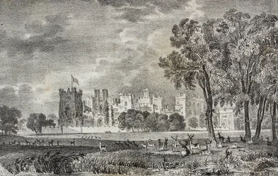 Kasteel van Raby, Durham, Engeland, Verenigd Koninkrijk, lithografie door Salvatore Puglia uit Poliorama Pittoresco, nr. 42, 27 mei