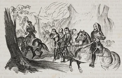 Terugkeer van strijders naar Barletta voor uitdaging, Apulië, Italië, uit Poliorama Pittoresco, nr. 30, 1 maart