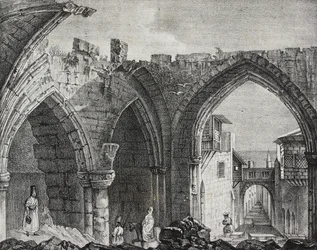 Ruïnes langs de Riddersstraat, Rhodos-stad, Griekenland, lithografie door Salvatore Puglia uit Poliorama Pittoresco, nr. 3, 27 augustus