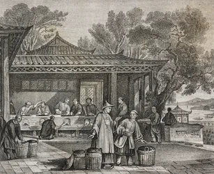 Theewerkplaats, lithografie door Salvatore Puglia uit Poliorama Pittoresco, nr. 23, 13 januari