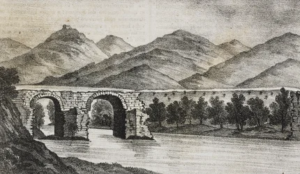 De gebroken brug bij Capua, Campania, Italië, lithografie door Salvatore Puglia uit Poliorama Pittoresco, nr. 23, 13 januari