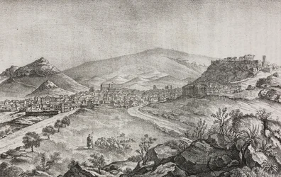 Uitzicht op Athene, Griekenland, lithografie door Salvatore Puglia uit Poliorama Pittoresco, nr. 1, 13 augustus