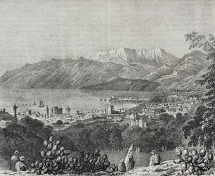 Uitzicht op Beiroet en het Libanon-gebergte, Libanon, lithografie door Salvatore Puglia uit Poliorama Pittoresco, nr. 8, 1 oktober