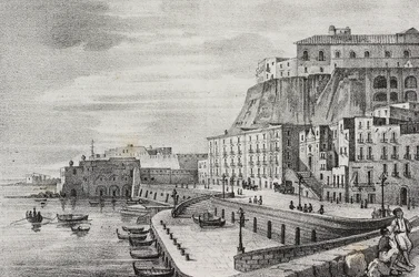 Uitzicht op Borgo Santa Lucia, Napels, Campania, Italië, lithografie door Salvatore Puglia uit Poliorama Pittoresco, nr. 36, 15 april