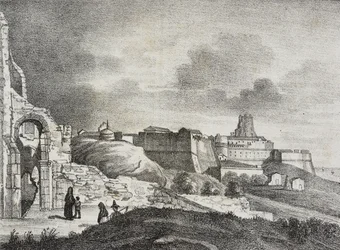 Uitzicht op Crotone, Calabrië, Italië, lithografie uit Poliorama Pittoresco, nr. 51, 29 juli