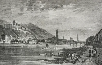Uitzicht op Heidelberg, Duitsland, lithografie door Salvatore Puglia uit Poliorama Pittoresco, nr. 28, 19 februari