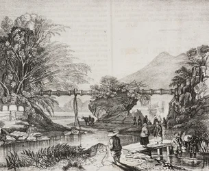 Uitzicht op de vallei van Hong Kong, China, lithografie door Salvatore Puglia uit Poliorama Pittoresco, nr. 14, 9 november