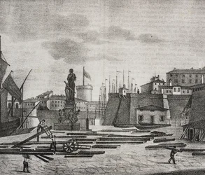 Zicht op de haven van Livorno, Toscane, Italië. Lithografie door Salvatore Puglia uit Poliorama Pittoresco