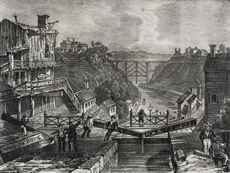 Uitzicht op Lockport, in de staat New York, Verenigde Staten van Amerika, lithografie uit Poliorama Pittoresco, nr. 1, 10 augustus