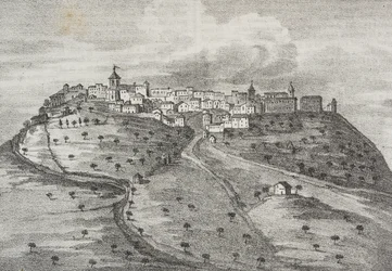 Uitzicht op Montefuscolo, tegenwoordig Montefusco, Campania, Italië, lithografie uit Poliorama Pittoresco, nr. 41, 20 mei