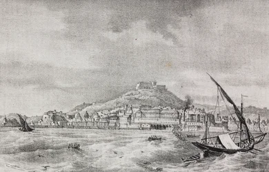 Uitzicht op Napels vanaf de zee, Campania, Italië, lithografie door Salvatore Puglia uit Poliorama Pittoresco, nr. 2, 17 augustus