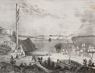 Zicht op de baai van New York vanaf het telegraafstation, Verenigde Staten van Amerika. Lithografie door Salvatore Puglia uit Poliorama Pittoresco
