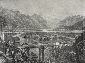 Uitzicht op de Ossola-vallei vanaf Sempione, Piëmont, Italië, lithografie door Salvatore Puglia uit Poliorama Pittoresco, nr. 28, 18 februari
