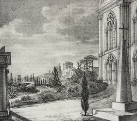 Uitzicht op begraafplaats van gotisch klooster, Napels, Campania, Italië, lithografie door Salvatore Puglia uit Poliorama Pittoresco, nr. 34, 1 april