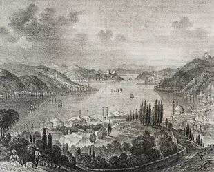 Uitzicht op de Straat van de Dardanellen, lithografie door Salvatore Puglia uit Poliorama Pittoresco, nr. 20, 23 december