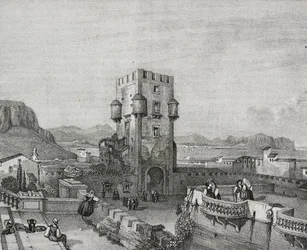 Villa van de Prins van Butera in Bagheria, Palermo, Sicilië, lithografie door Salvatore Puglia uit Poliorama Pittoresco, nr. 3, 28 augustus