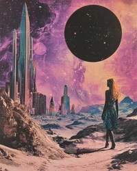 Vrouw in een kosmisch stadslandschap