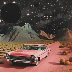 Roze auto in de kosmische woestijn