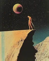 Eenzame figuur onder de planeet