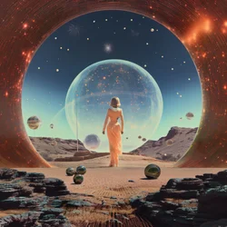 Vrouw staat voor kosmische poort