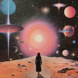 Vrouw in een kosmisch landschap