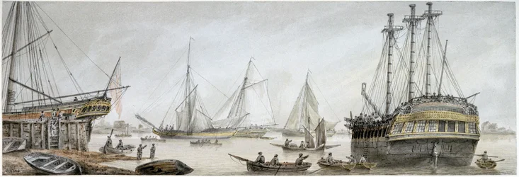Een Indiaman-schip gereed voor reparaties op de Theems, met een beschrijving van de gewone activiteiten van de Koninklijke Scheepswerven in Deptford