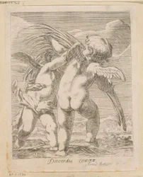 Twee putti ruziën om een palmtak