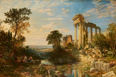 Italiaans landschap met figuren bij ruïnes