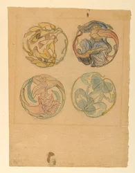 Tekening, Bloemstudies (Vier ontwerpen voor cirkelvormige ornamenten), 1880-90