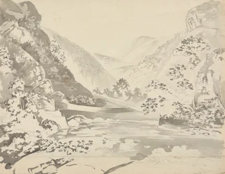 Een rivierscène met bergen op de achtergrond