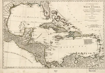 Een complete kaart van West-Indië met de kusten van Florida, Louisiana, Nieuw-Spanje en Terra Firma: Met alle eilanden.