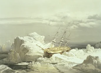 Kritieke positie van H.M.S. Investigator aan de noordkust van Baring Island, 20 augustus 1851, gegraveerd door William Simpson, gepubliceerd door Ackermann und Co., 1854