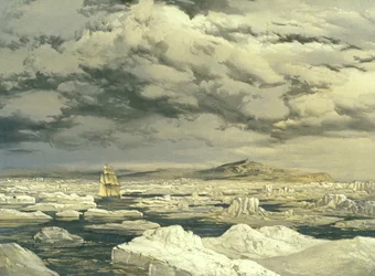 Eerste ontdekking van land door HMS Investigator, 6 september 1850, gegraveerd door E. Walker, 1854
