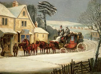 Winterscène met de Koninklijke Post gestopt bij een Herberg