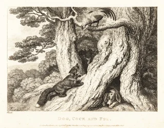 Een haan in een boom is een vos te slim af, terwijl een hond slaapt. 1811
