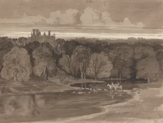Twee ruiters die een rivier doorwaden