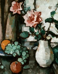 Stilleven van rozen en fruit. Stilleven van rozen en fruit. Schilderij van Samuel John Peploe (1871-1935 Brits) Privécollectie