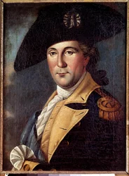 Portret van George Washington (1732-1789) vertegenwoordiger in kostuum Portret van George Washington (1732-1789) vertegenwoordiger in generaal kostuum, met de sjerp van opperbevelhebber van het continentale leger - Schilderij door Samuel King (1748-1819)