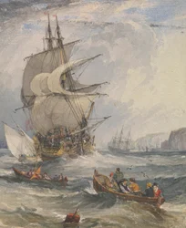 Zeilschepen en kleine boten in ruwe zee voor de kust