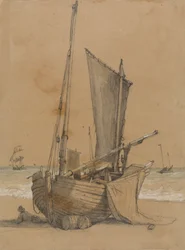 Vissersboot op het Strand met een Brik op Zee