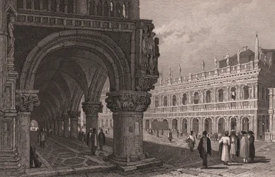Verkorting van de arcade van het Dogepaleis (Palazzo Ducale) met uitzicht op het San Marcoplein en het Bibliotheekpaleis, Venetië, Veneto, Italië, staalgravure naar een tekening van Samuel Prout (1783-1852)