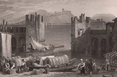 Uitzicht op het kasteel van Angera in Arona, Lago Maggiore, Piëmont, Italië, staalgravure naar een tekening van Samuel Prout (1783-1852)