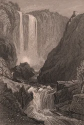 Uitzicht op de watervallen van Marmore nabij Terni, Umbrië, Italië, staalgravure naar tekening van Samuel Prout, circa 15x11.5 cm